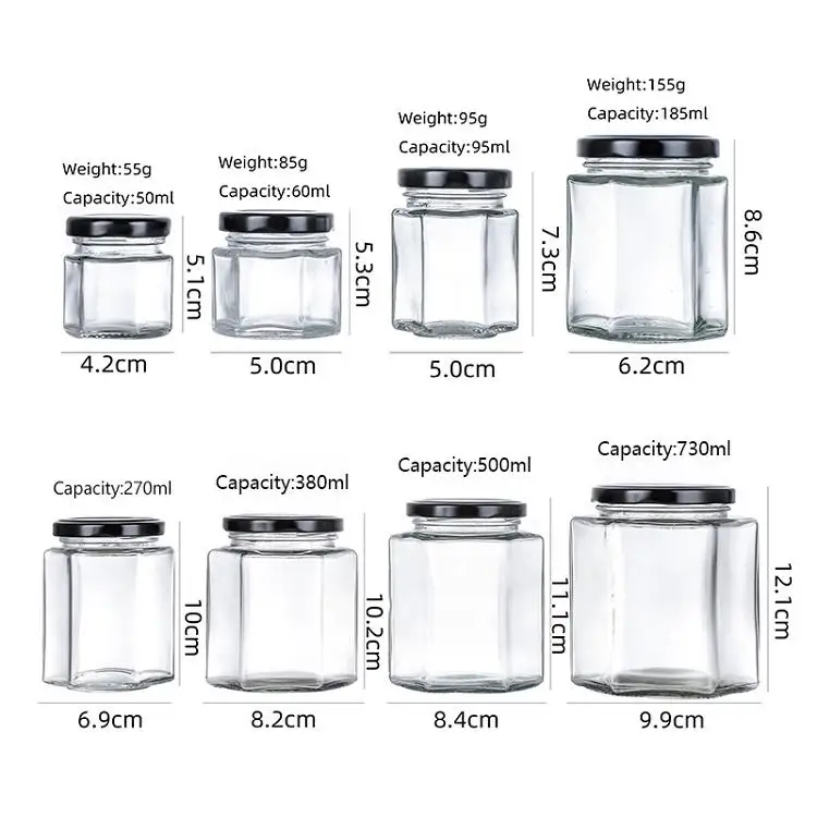 High Quality 16oz Hexagon Glass Bottle with Black Metal Cap Honey Jam Jar packaging