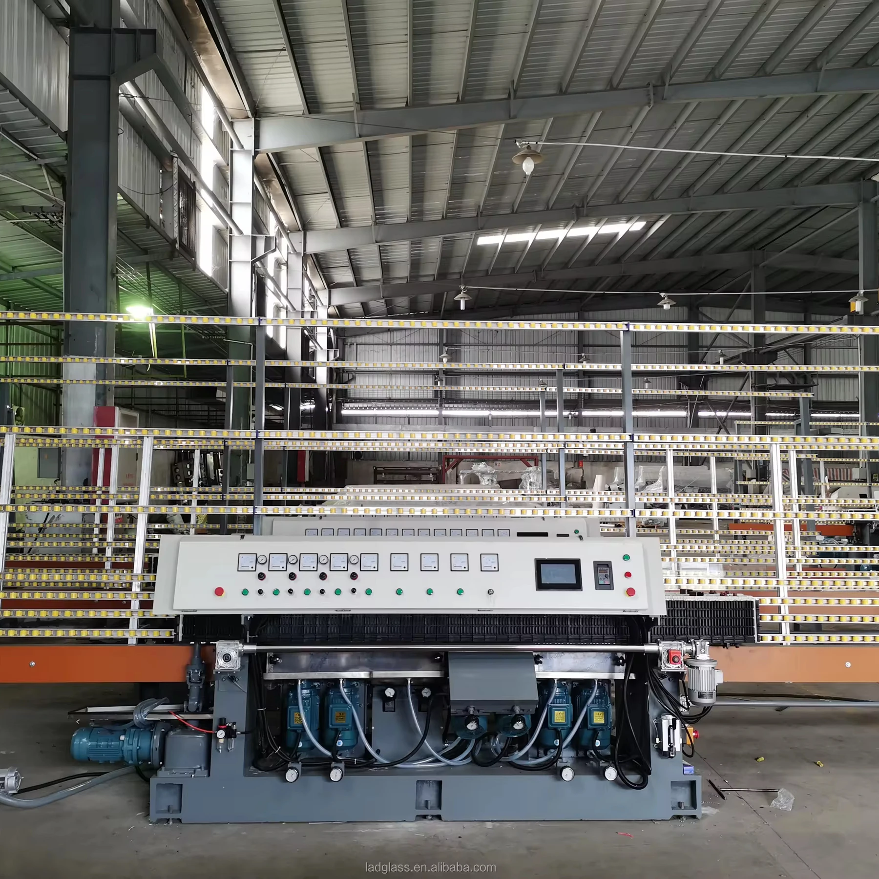 Lad manufacture factory price glass 8-Motor Automatic Glass Straight Line Mitre Edging Machine with PLC Control