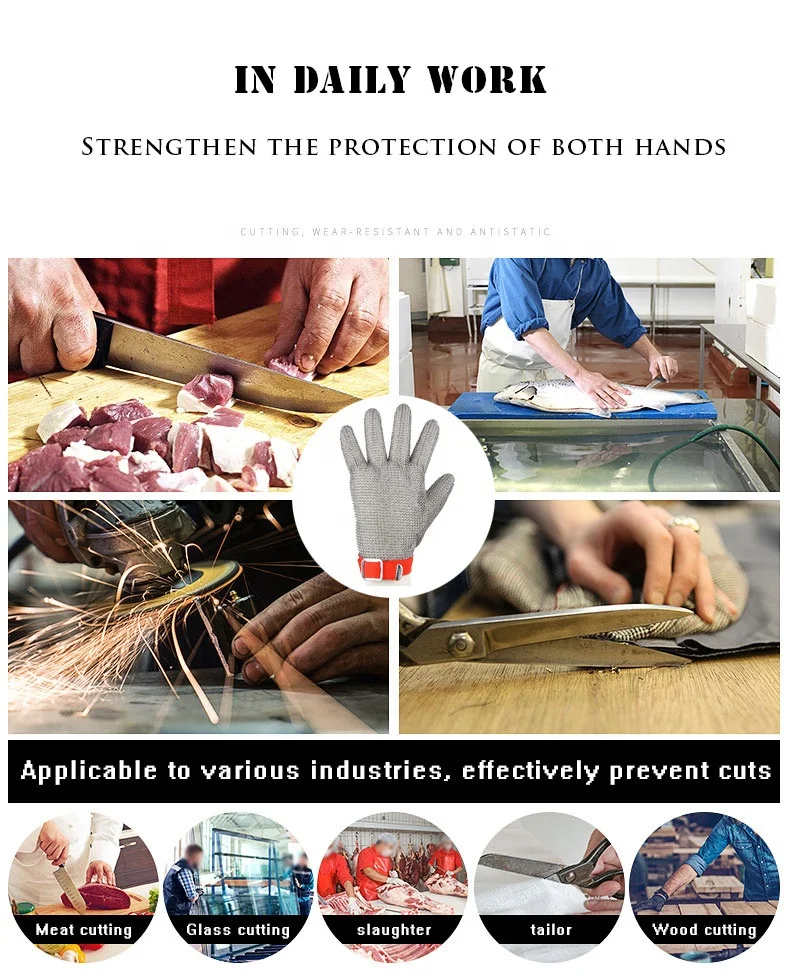 Gujia ODM durable CE certificate five fingers hand gloves cut resistant kitchen butcher  knife  stainless steel ring gloves