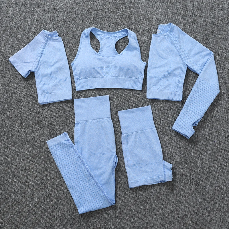 Women Seamless Sports Suits Fitness Yoga Set 5 PC Long Sleeve Crop Top Short Shirts High Waist Leggings Running Shorts and Bra