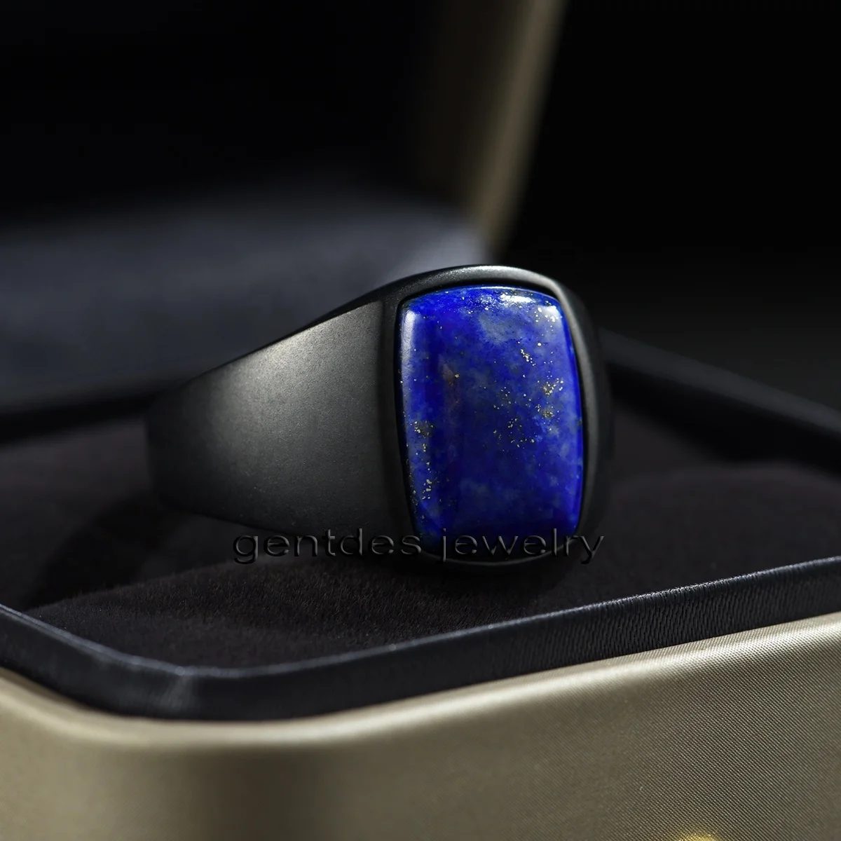 Gentdes Jewelry Stainless Steel Mens Engraved Signet Ring Custom Stamp Ring Inlay Lapis Stone Fine Jewelry For Dad Mens Gifts