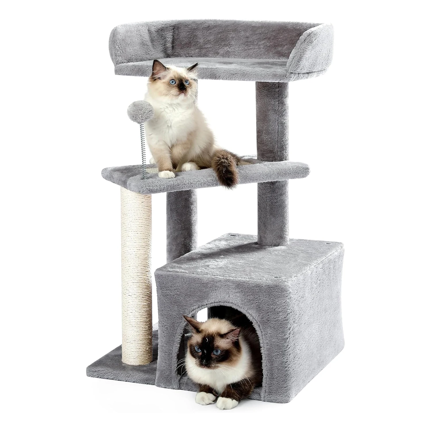 Cute Wood Kitty Condo with Scratching Post and Pad Carpet Cat Tower Grey for Indoors Cats