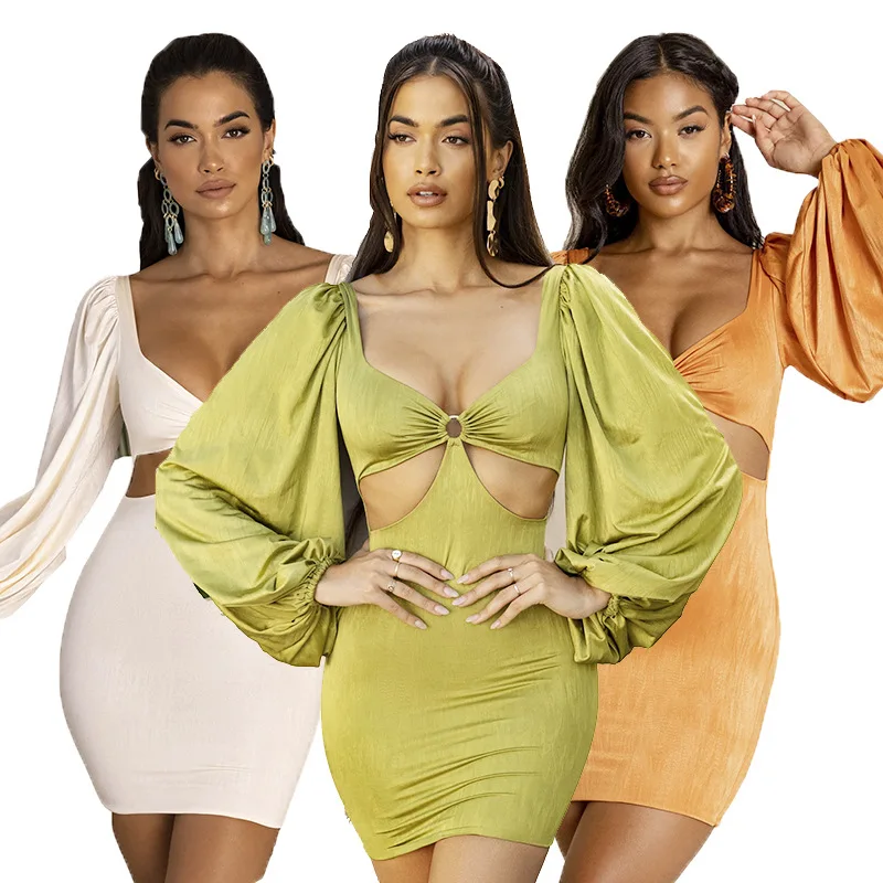 S-xl Wholesale Women Clothing 2021 Summer New Style Sexy Satin Balloon Long Sleeve Hollow Mini Dress For Women