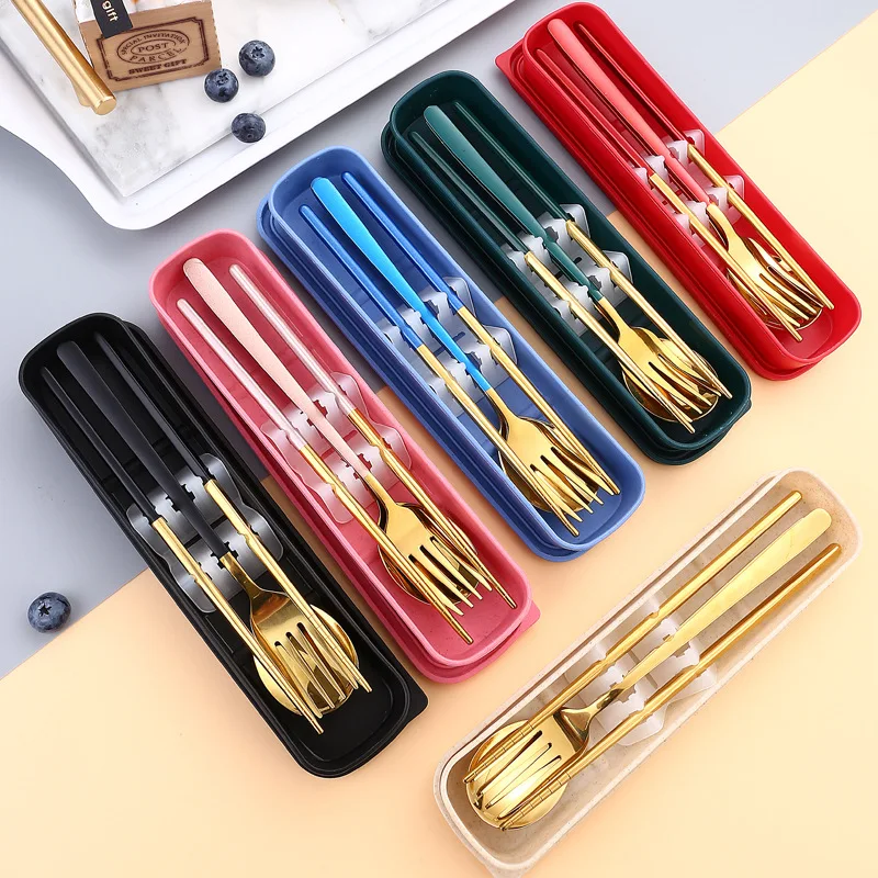 Korean 304 Stainless Steel Portable Travel Cutlery Camping Chopsticks And Spoon Set With Case