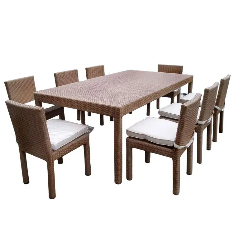 Outdoor patio furniture rattan wicker aluminum restaurant dining table with 8 piece dining chairs