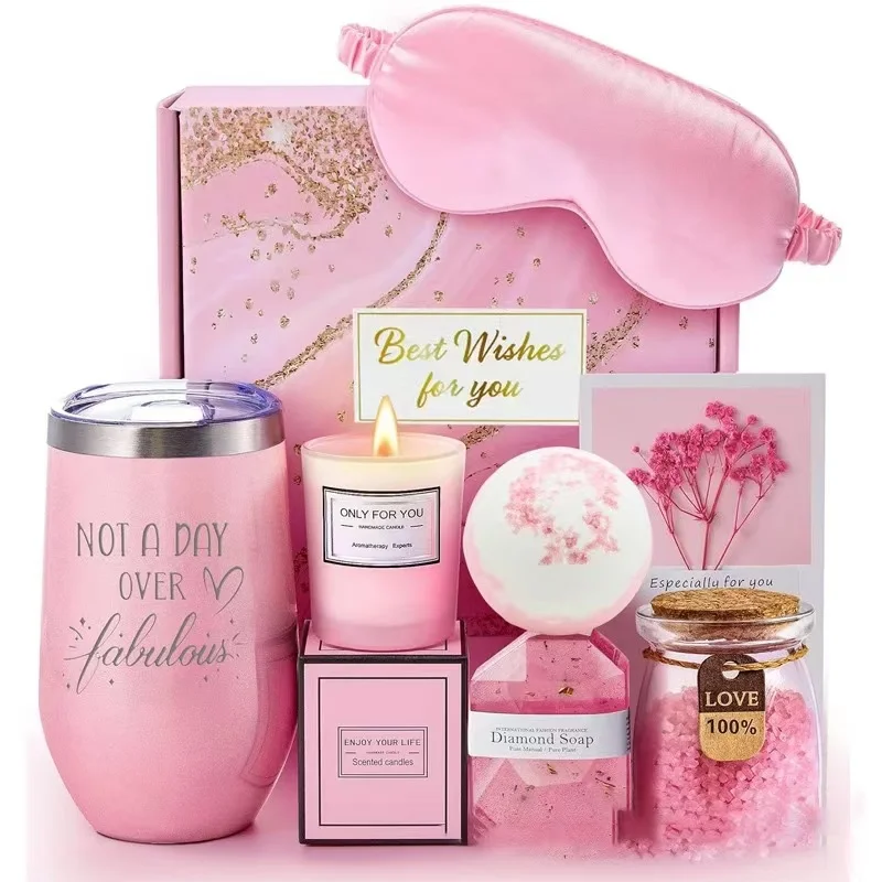 Prime Quality Pink Cup Candle 7-Pieces Get Well Soon Gifts Box Set For Women Birthday Self Care Gift Item
