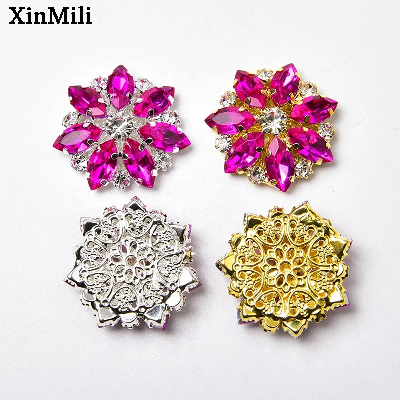 28mm Silver Gold Metal Inlaid Rhinestone Flower Button Flat Back Crystal Trim Buckle for Clothing Shoes Hair Accessories