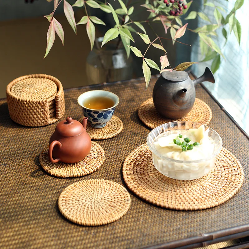 NEWELL Kitchen Accessories Cup Base Plates and Dishes Insulated Hot Pads Pot Holder Handwoven Natural Rattan Coaster Set