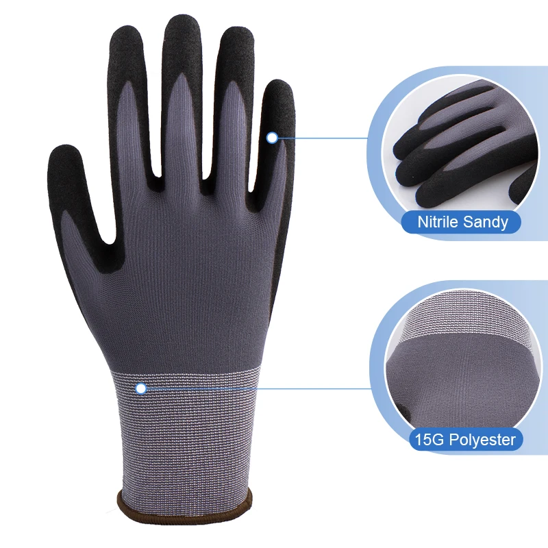 Customized High Quality Anti Slip Gloves Nitrile Sandy Safety Flexible Gloves for Handling