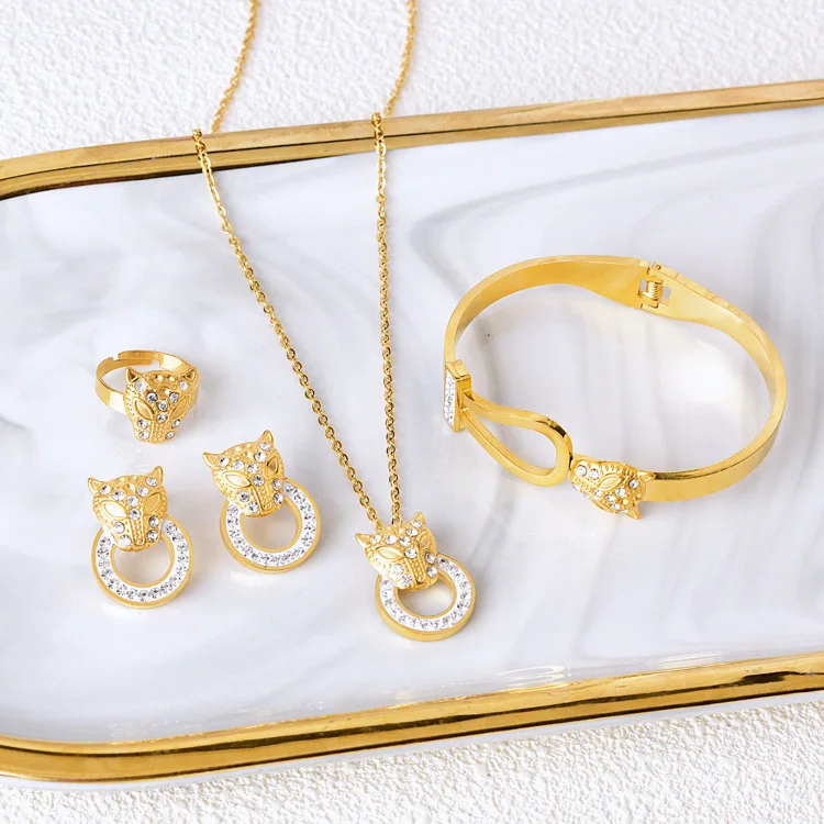 Luxury Leopard Head Pendant Necklace Earrings Open Bracelet Ring Stainless Steel Zirconia Jewelry Set For Women Party Gift