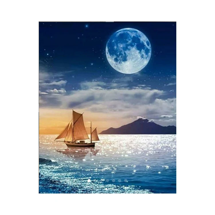 DIY Full Drills Diamond Painting Kits with a frame 30*40 cm 40*50 cm Seascape at night with moon and boat Arts Craft