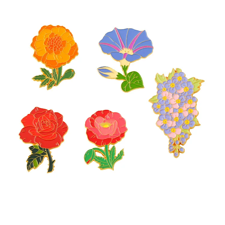 Wholesale Factory Beautiful flowers   Pink Enamel Custom Iris Chrysanthemum Millettia Delphinium Rose Brooch Pin Enamel