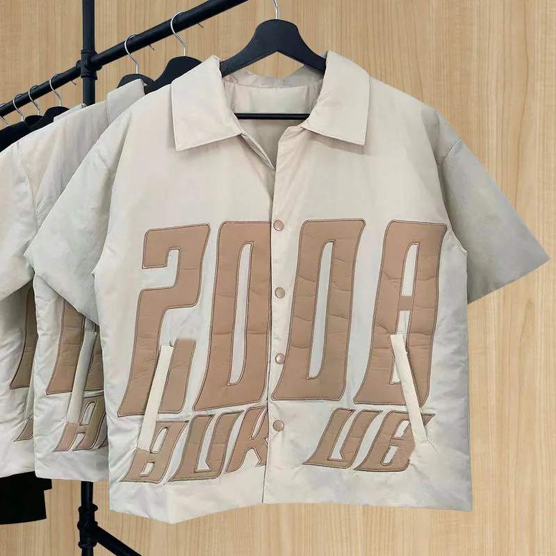 Custom logo OEM&ODM design patch embroidery logo puffer button up open collar shirts