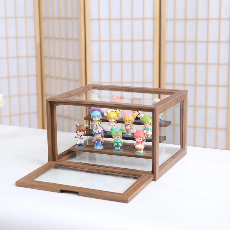 Hand made toy solid wood display Transparent wooden baby tissue box toy toughened glass LEGO storage box