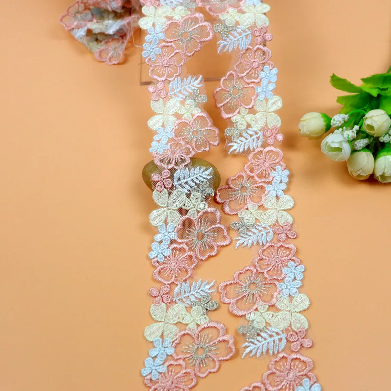 High Quality colorful flower 5cm embroidery  water soluble Lace Trim Polyester tulle Lace ribbon  Mesh Fabric for dress DL01