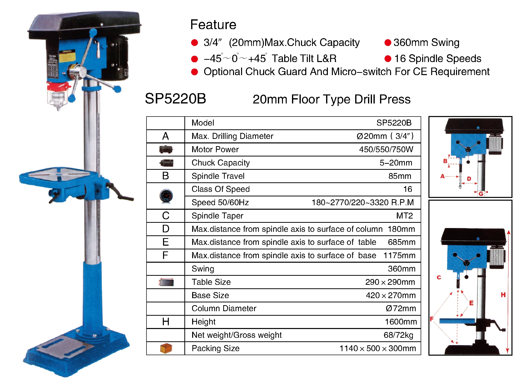 1600mm height floor type drill press 25mm factory SP5225A