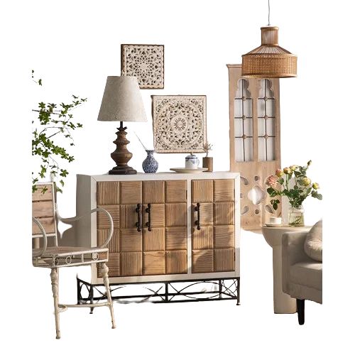 Nordic Farmhouse Style Retro Living Room Cabinet Solid Wood Antique Furniture With 2 Carving Door