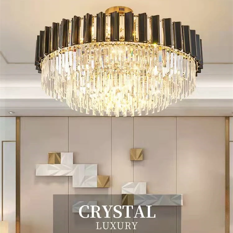 American Luxury Round Gold Black Crystal Ceiling Lamp Chain Pendant Light Modern Crystal Pendant Chandelier Lamp