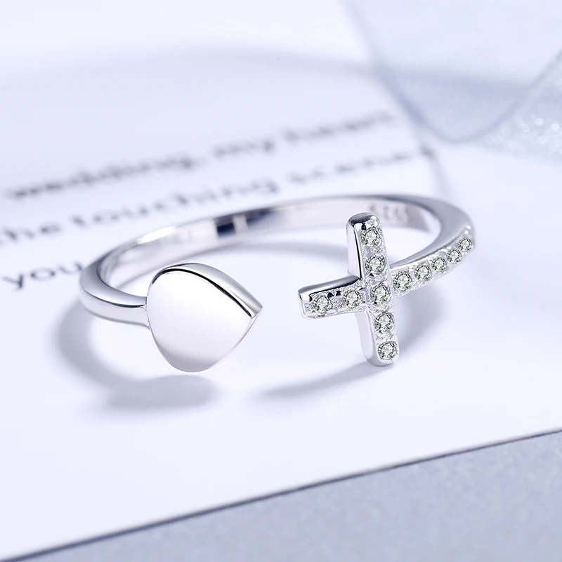 
Fashionable Simple Jewelry 925 Sterling Silver Glossy Heart Ring Cross Diamond Female Tail Ring 