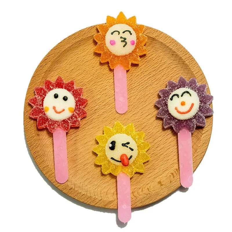 fruit flavor sunflower shaped sugar coated jelly gummy  lollipop candy wholesale