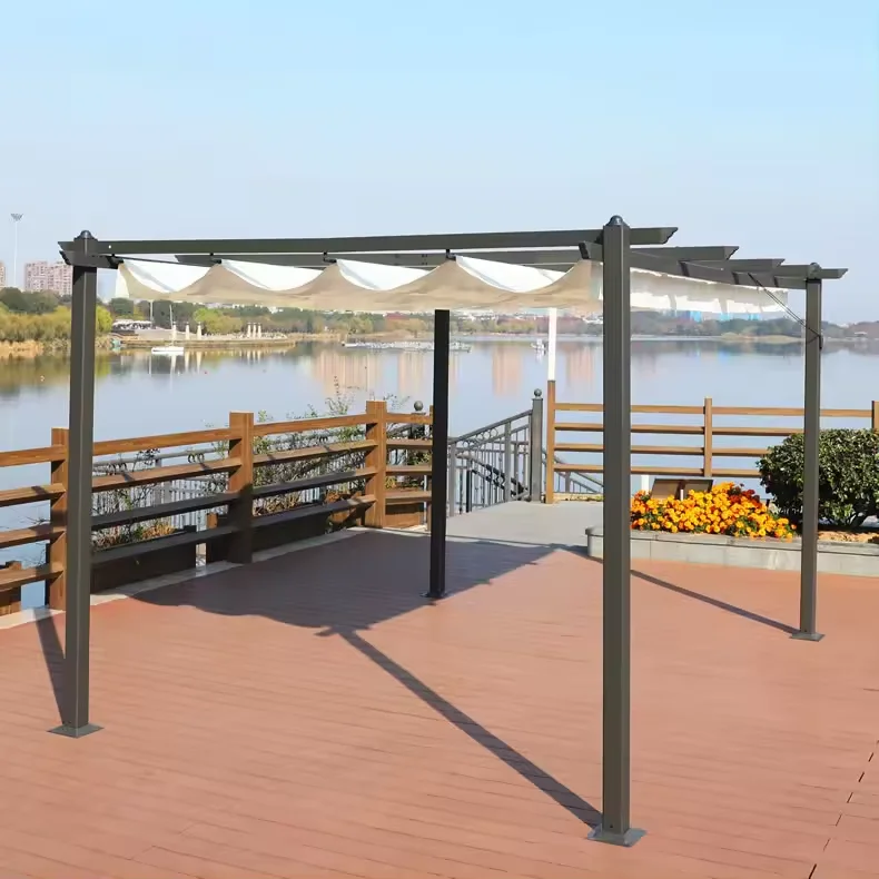 Manually Handle Patio Pergola with Sliding Canopy Wave Shade Sail