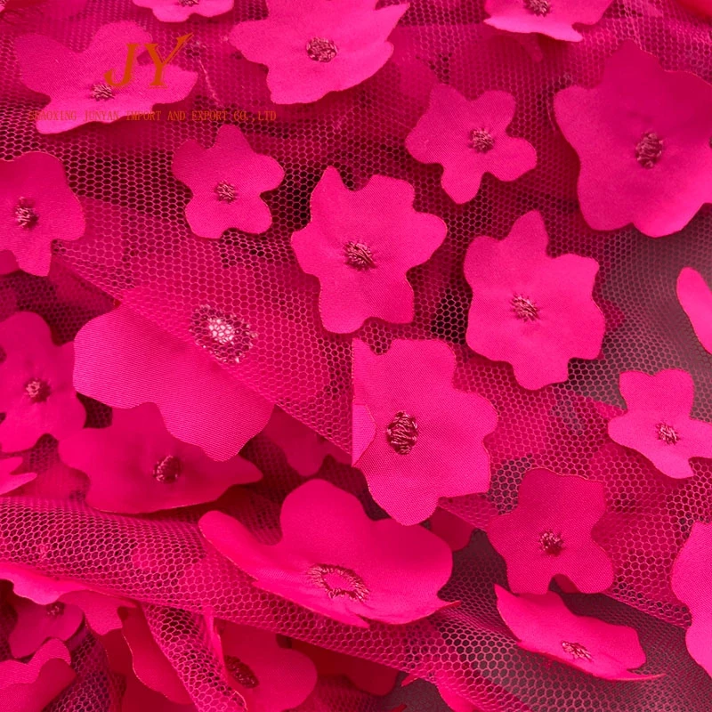 Newest Lady Lace Dress Design Fabric fushia Lace Fabric Beads With 3D Flower  Embroidery Lace Fabric