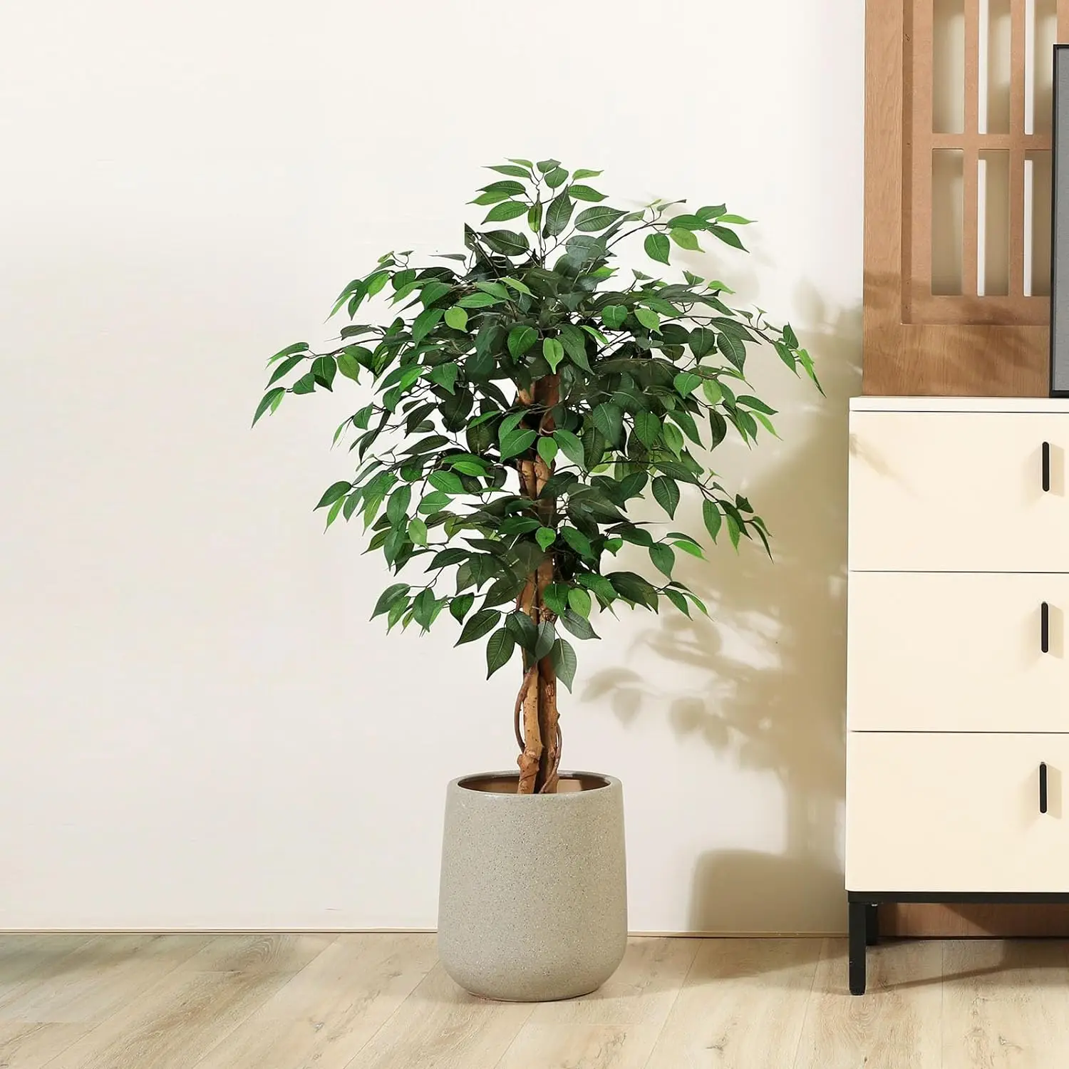 4ft Artificial Ficus Tree with Natural Wood Trunk, Silk Fake Ficus Tree in Plastic Nursery Pot,