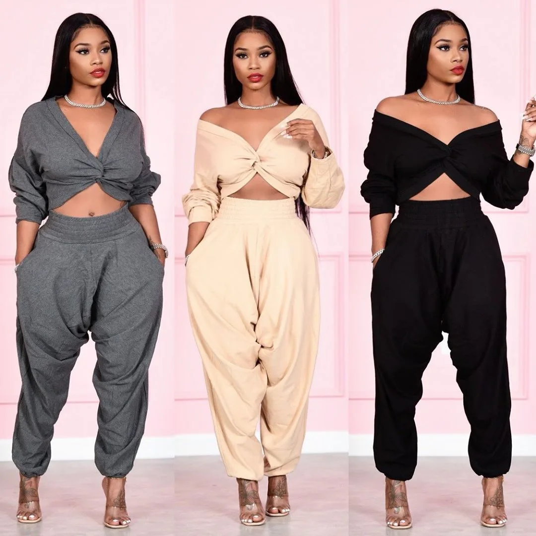 Sexy Solid Color Suspender Pants V Neck Cross Two Piece Sets Women 2021 Crop Top 2
