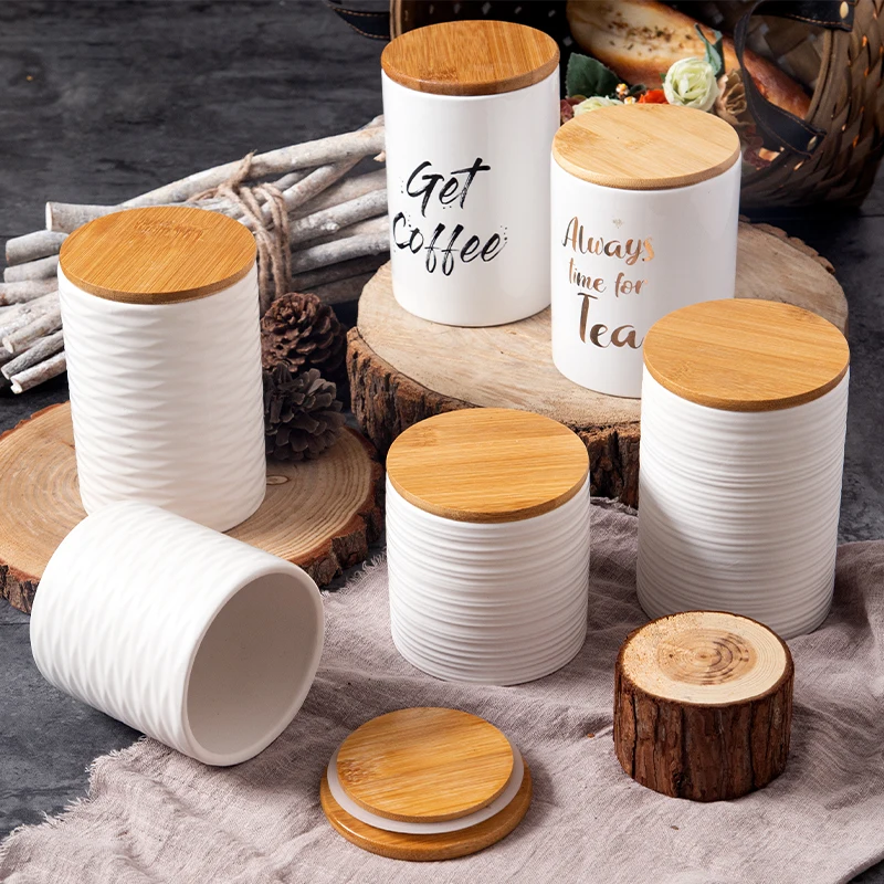 Happy Go Nordic Minimalist Kitchen Sealed Ceramic Storage Jar Spices Tank Container With Wood Lid Salt Storage Bottle Coffee Tea