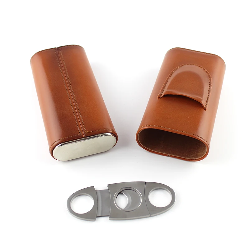 Luxury Vintage Leather Cigar Case Travel with Stainless Steel Cutter for Man