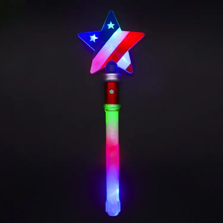 LED Flashing Light Up Star Wand with American Flag Printing for July of 4th