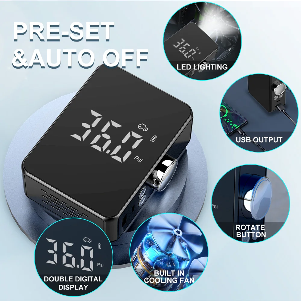 Manufactory 7.4V 2000mAH*2 Portable Emergency Compressor Air Compressor For Car Auto Pump Portable