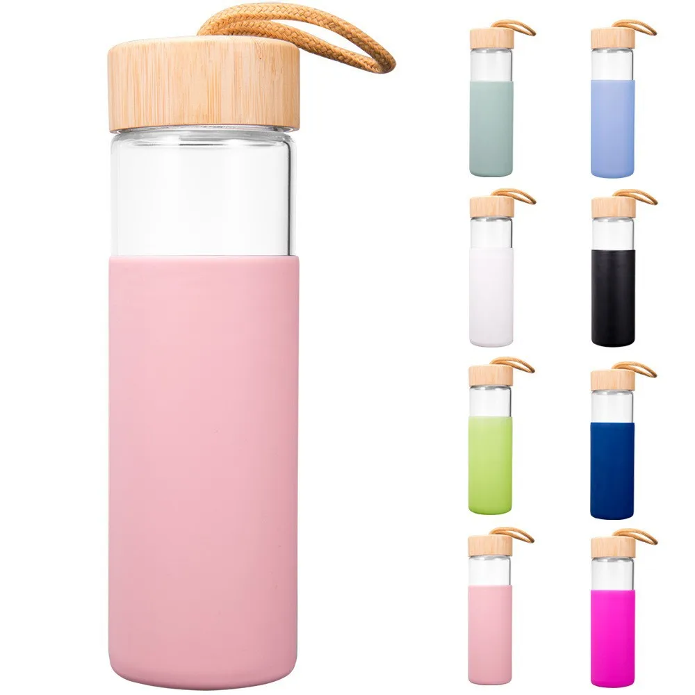 550ml eco-friendly bamboo lid silicone sleeve durable borosilicate glass water bottle