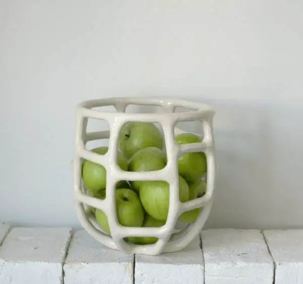 Handcrafted large round fruit bowl bread server white pottery woven basket ceramic woven fruit basket