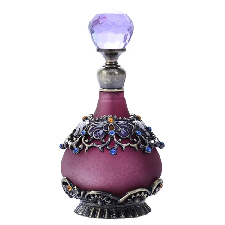 25ml Arab Antique Metal Alloy Purple Perfume Bottle Empty Glass Essential Oil Attar Bottle