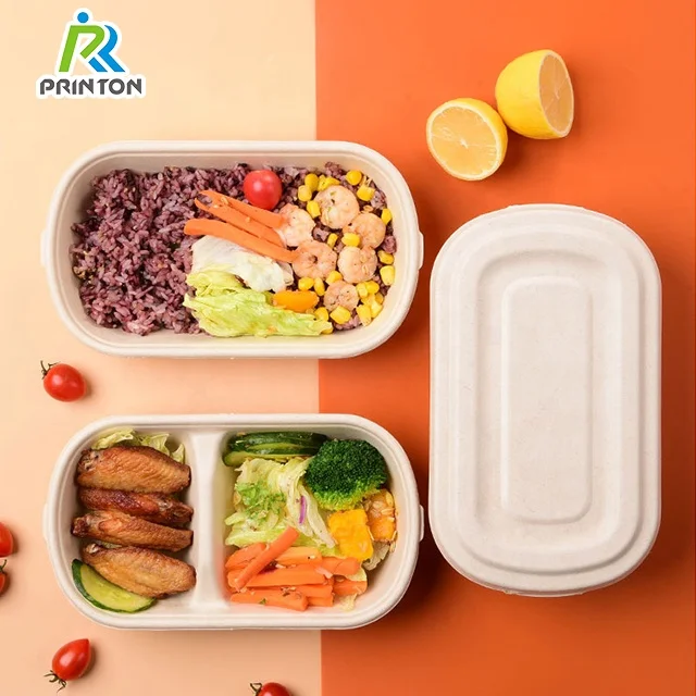 Printon disposable eco friendly to go sugarcane packaging lunch bento boxes custom logo for frozen food container