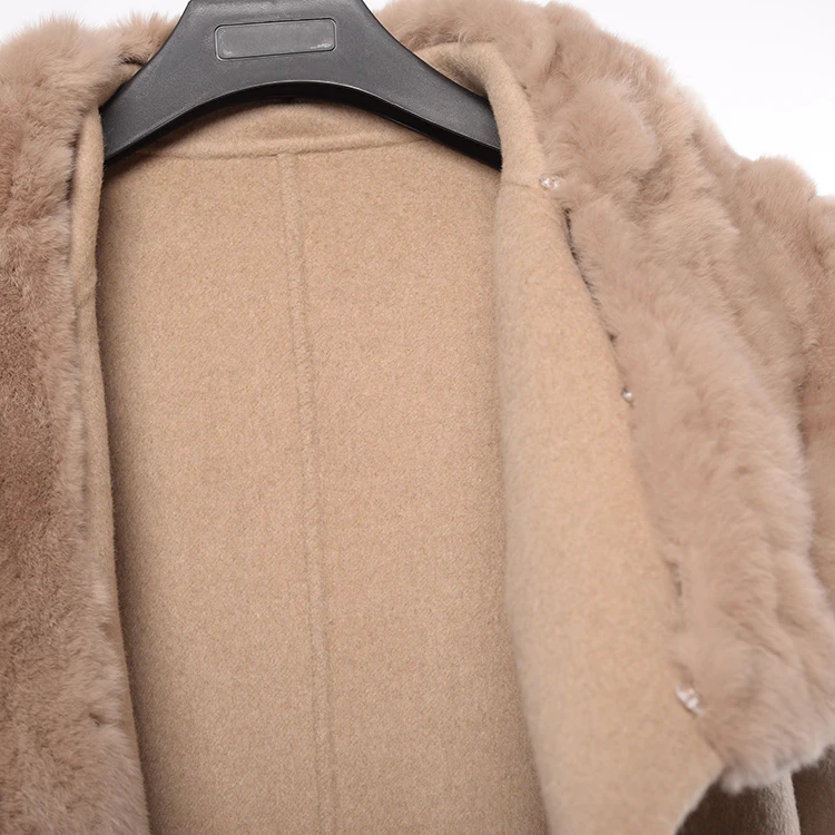 Factory wholesale JTF women rex rabbit jacket beige fur lapel handmade warm short wool coat