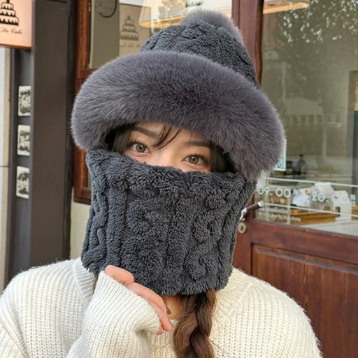 2 in 1 Knitted Hat Pompom Plush Ears Protection Pompom Beanie Winter Women Face Cover Neck Hat Gaiter Warmer Beanie Cap for Ski