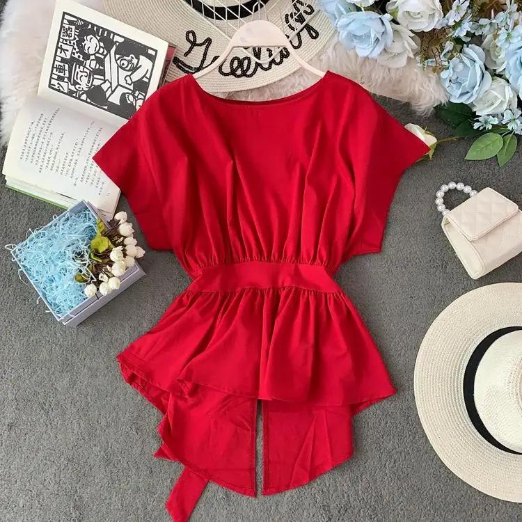 Korean Style Chiffon Shirt Women Solid Slim Waist Peplum Ruffles Tops Short Sleeve Back Bow Spring Summer