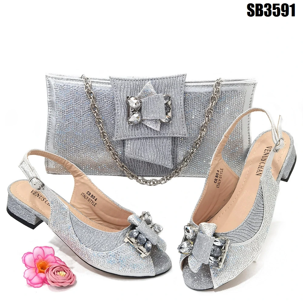 New Shoes Bag Set With Stones Beautiful Italian to Match Low Heel Women Party