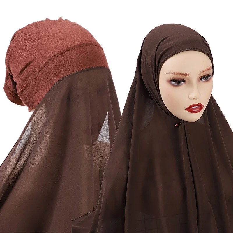 2023 New design 2 in 1 turban scarf Muslim Arabic Islamic ready to wear chiffon hijab with inner cap hijab undercap