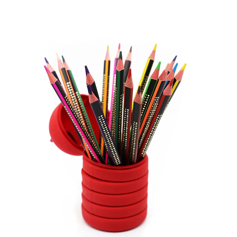 
honghu colour pencil set 3.0mm grade A lead star body color and black strip with black dipping carton brush pot 12 color 