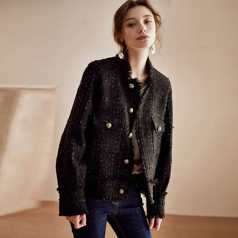 
Autumn and winter Tweed small fragrance black short loose long sleeve black blazer 