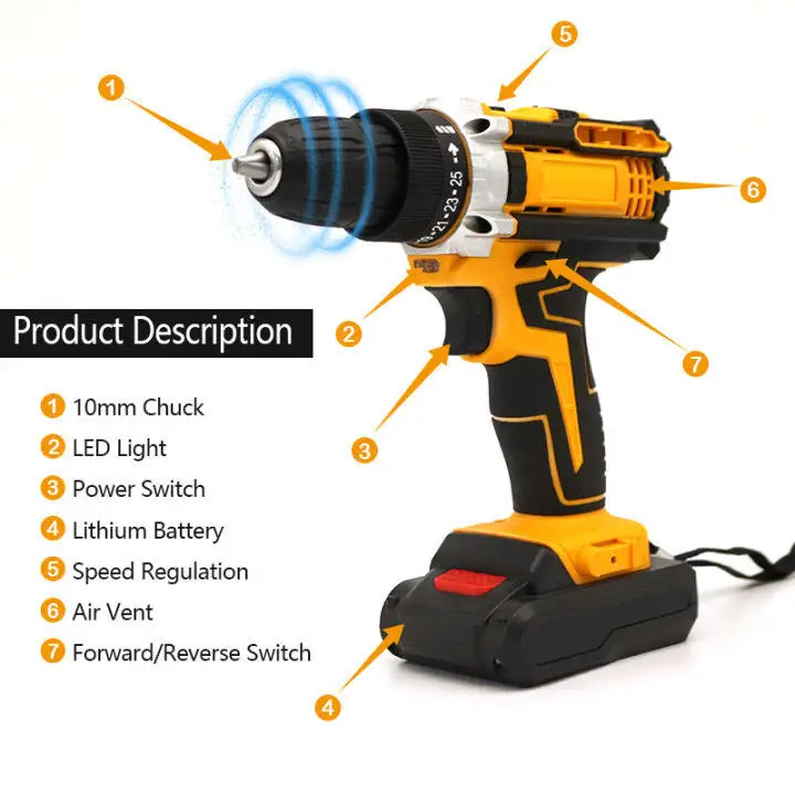 Portable Battery Rechargeable Electric Power Drills 13mm Brush Motor Drilling Machine screwdriver Cordless Drill Power Tool Set