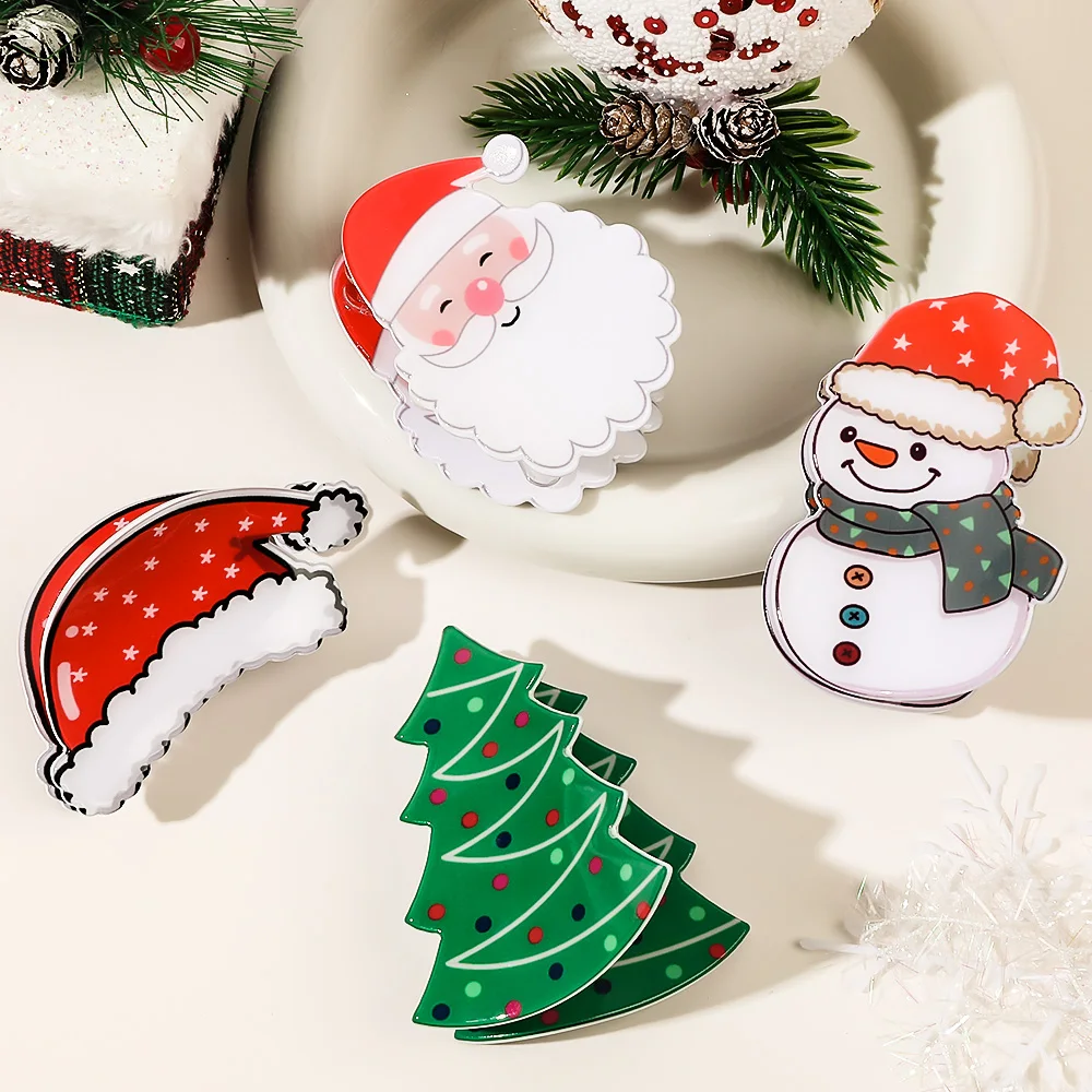 Christmas Cute Acrylic Snowman Shark Claw Clip Unique Sweet Durable Hat Shape Haarspangen Geometry Green Smooth Hairpin For Girl