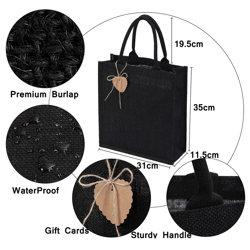 Recyclable foldable portable DIY craft gift bag black linen Jute Shopping Bag jute tote bag