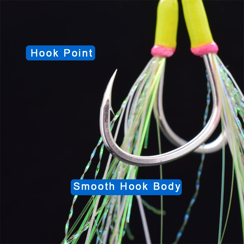 JIGGINGSOUL-AIH01-1pcs bulk Double Assist Hook 1# 1/0 2/0 3/0 4/0 High Carbon Steel Double Hook With luminous silk epoxy