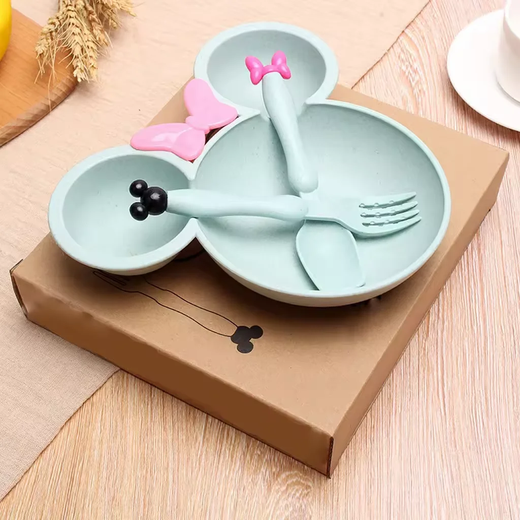 Good Quality Wheat Straw Dinner Set Baby Tableware Set With Suction Food Plate Set Cartoon Eco-Friendly Baby Spoon Fork Bowl