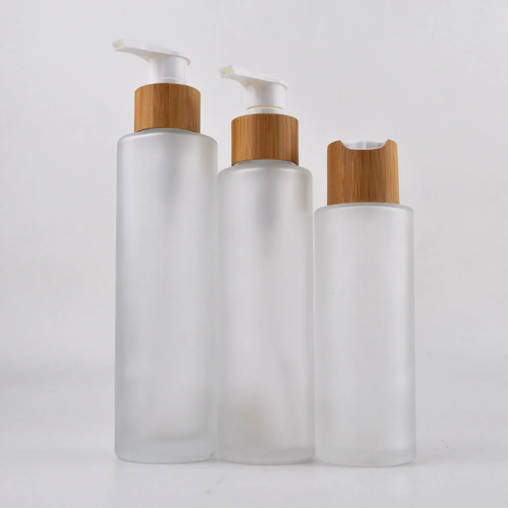 super March free sample 30ml 50ml 100ml 120ml 150ml clear frosted flat shoulder lotion pump glass oil bottle with bamboo cap