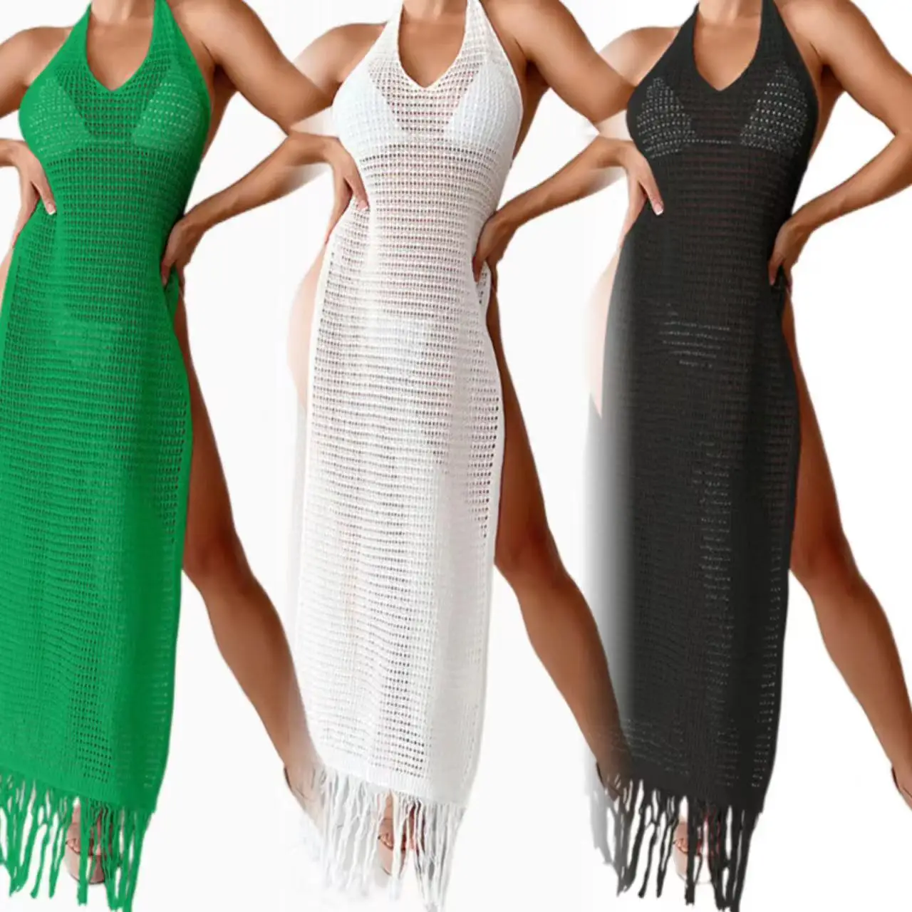 Beach Bikini Women Swim Cover Up Handmade Knitted Crochet Hollow Out Slit Maxi Dress